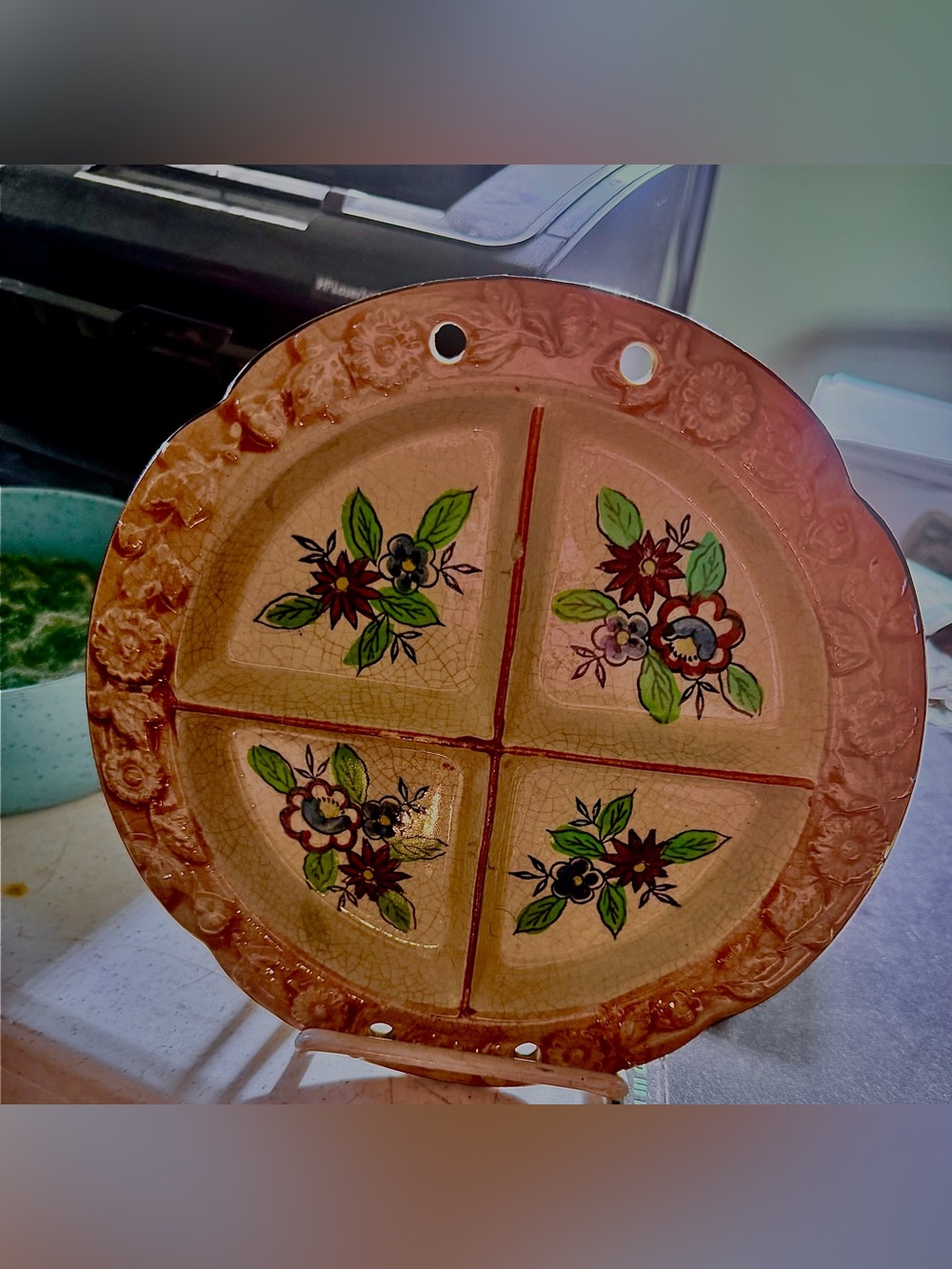 Vintage Decorative Hand Painted Floral Sectioned Ceramic Wall Plate